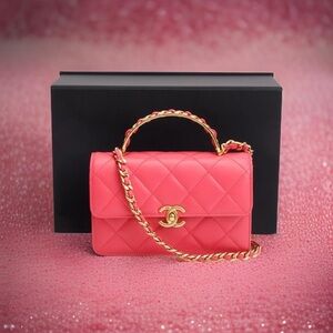 CHANEL  Pink Lambskin Mini Flap Bag w/ Top Handle